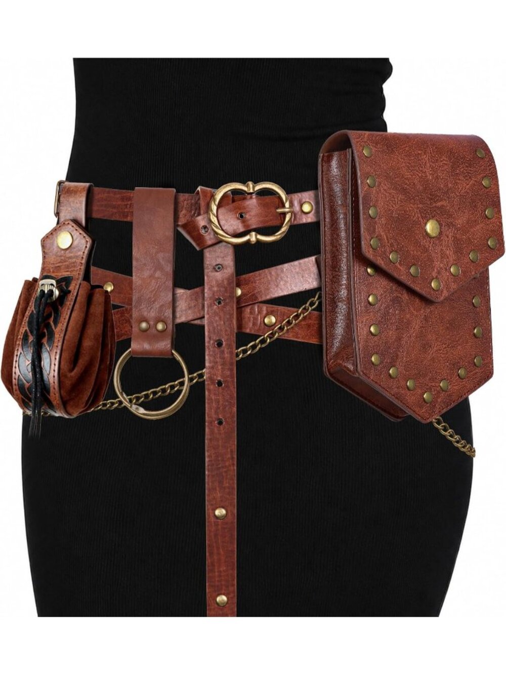 Women's Renaissance Brown Vintage Faux Medieval Waist Belt Leather Pouch Bag